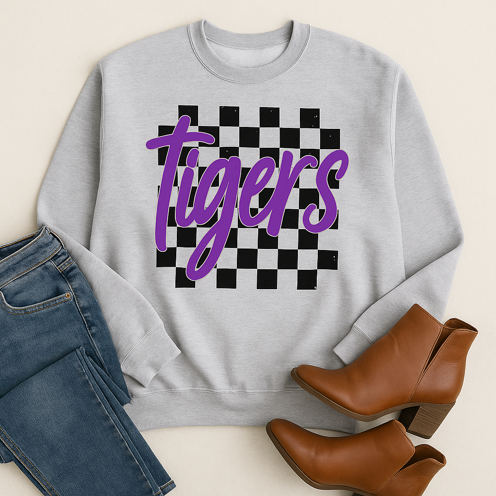 Watertown Tigers Checkered Crewneck Sweatshirt – Purple & Black