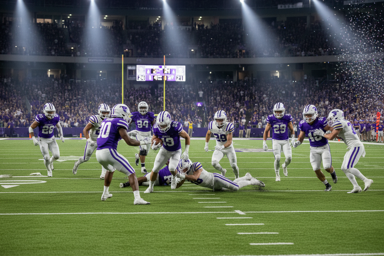 Can you create me an image of maybe a football scene, with the team colors being purple and white